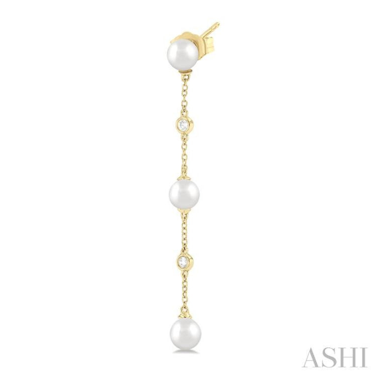 1/10 ctw Cultured Pearls 5 MM  and Round Cut Diamond Station Long Earring in 14K Yellow Gold