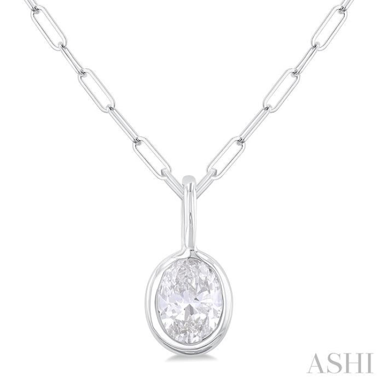 1/5 ctw Oval Cut Bezel Set Diamond Fashion Pendant With Paper Clip Chain in 14K White Gold