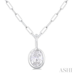 1/5 ctw Oval Cut Bezel Set Diamond Fashion Pendant With Paper Clip Chain in 14K White Gold