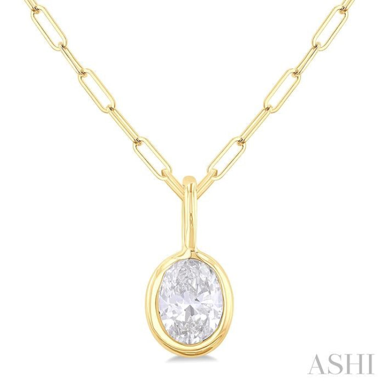 1/5 ctw Oval Cut Bezel Set Diamond Fashion Pendant With Paper Clip Chain in 14K Yellow Gold