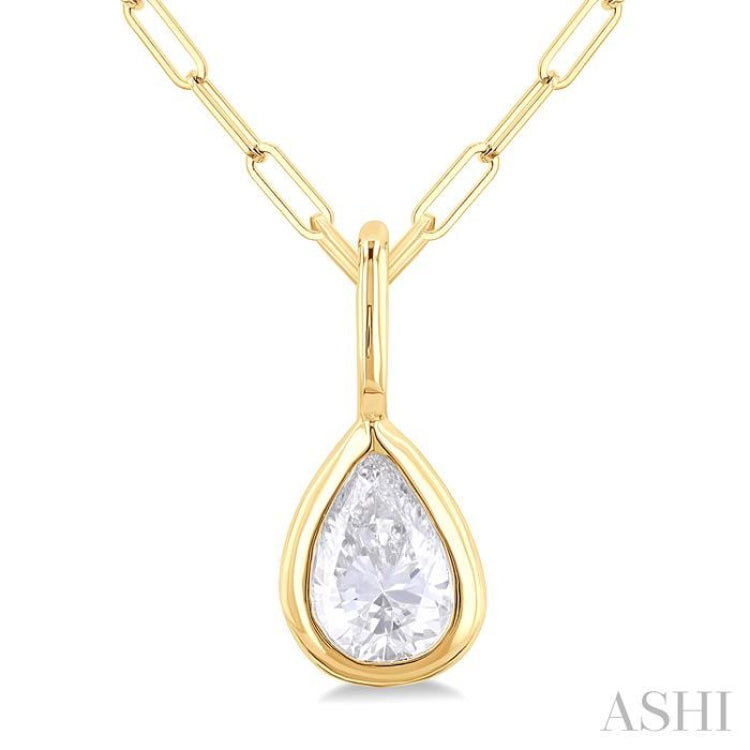 1/5 ctw Pear Cut Bezel Set Diamond Fashion Pendant With Paper Clip Chain in 14K yellow Gold