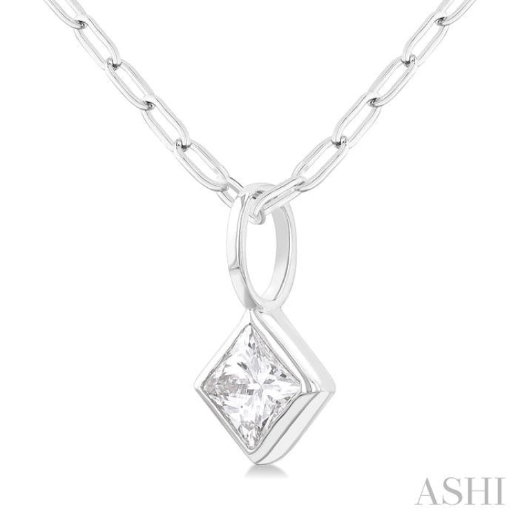 1/5 Ctw Princess Cut Bezel Set Diamond Fashion Pendant with Paper Clip Chain in 14K White Gold