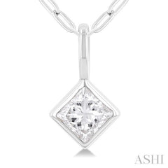 1/5 Ctw Princess Cut Bezel Set Diamond Fashion Pendant with Paper Clip Chain in 14K White Gold