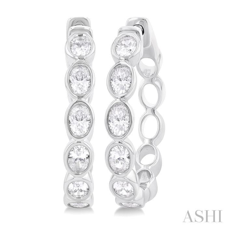 1 1/10 Ctw Bezel Set Oval Cut Diamond Fashion Hoop Earring in 14K White Gold