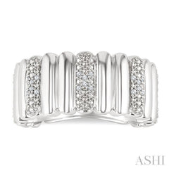 1/10 Ctw Wide Ribbed Plain Polished and Round Cut Diamond Pirouette Bold Fashion Band in Sterling Silver