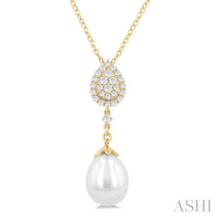 9X7 MM Pear Shape Mount Cultured Pearl Drop and 1/5 ctw Round Cut Diamond Fashion Pendant With Chain in 14K Yellow Gold