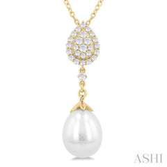 9X7 MM Pear Shape Mount Cultured Pearl Drop and 1/5 ctw Round Cut Diamond Fashion Pendant With Chain in 14K Yellow Gold