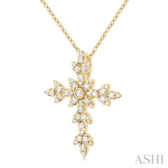 1/4 Ctw Floral Leaf Cross Round Cut Diamond Fashion Pendant With Chain in 14K Yellow Gold