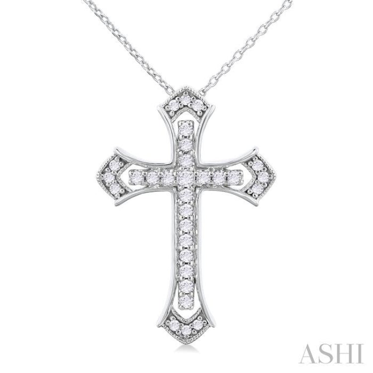 1/4 Ctw Cross Round Cut Diamond Fashion Pendant With Chain in 14K White Gold