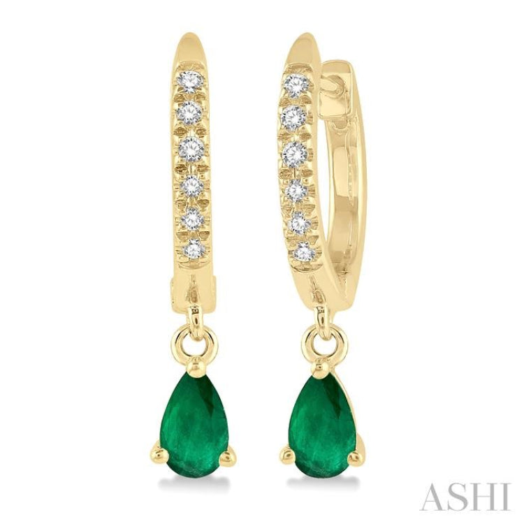 1/8 Ctw Round Cut Diamond & 5x3 MM Pear Cut Emerald Petite Fashion Huggie Earrings in 10K Yellow Gold