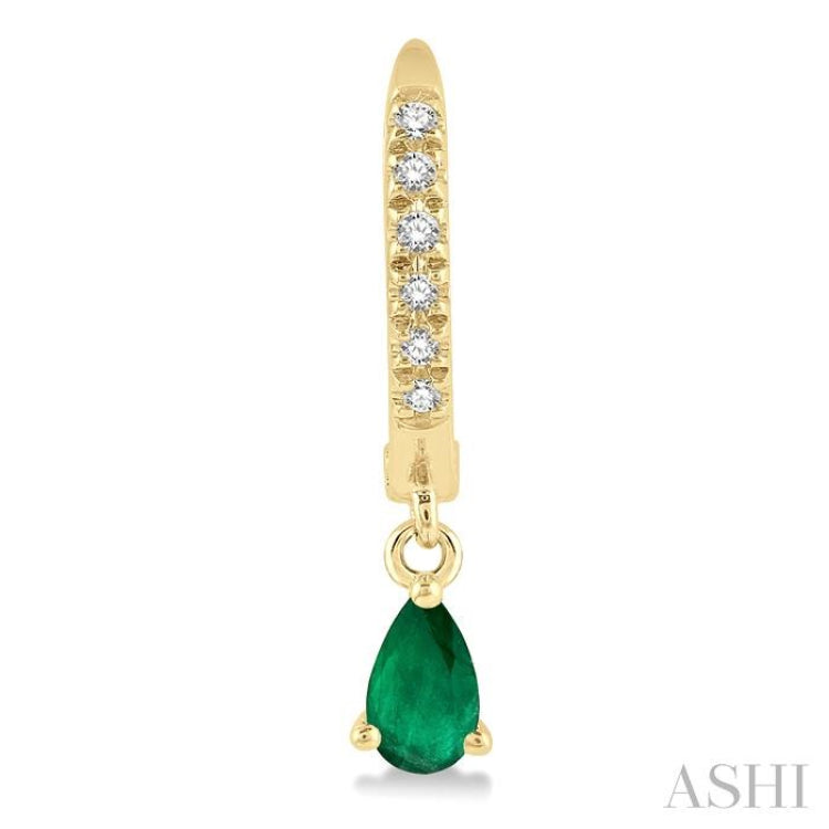 5x3 MM Pear Cut Emerald and 1/8 Ctw Round Cut Diamond Petite Fashion Huggie Earrings in 10K Yellow Gold