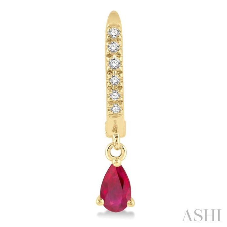 1/8 Ctw Round Cut Diamond & 5x3 MM Pear Cut Ruby Petite Fashion Huggie Earrings in 10K Yellow Gold