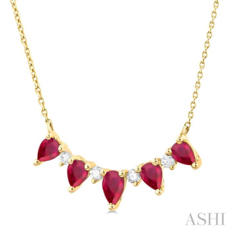 1/8 ctw Pear Cut 5X3 and 4X3MM Precious Ruby & Round Cut Diamond Necklace in 14K Yellow Gold