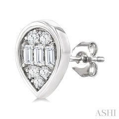 1/5 Ctw Petite Bezel Set Pear Shape Fusion Baguette and Round Cut Diamond Fashion Stud Earrings in 10K White Gold