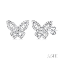 1/2 Ctw Baguette and Round Cut Diamond Butterfly Petite Fashion Stud Earring in 14K White Gold