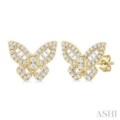 1/2 Ctw Butterfly Petite Baguette and Round Cut Diamond Butterfly Petite Fashion Stud Earring in 14K Yellow Gold