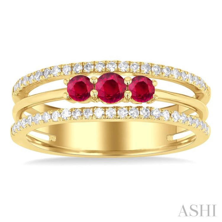 3.2 MM, 2.7 MM Round Cut Ruby & 1/4 ctw Single Cut Diamond Past, Present and Future Precious Layered Fashion Ring in 10K Yellow Gold
