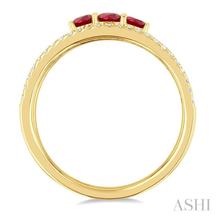 3.2 MM, 2.7 MM Round Cut Ruby & 1/4 ctw Single Cut Diamond Past, Present and Future Precious Layered Fashion Ring in 10K Yellow Gold