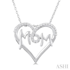 1/6 ctw 'MOM' Heart Frame Round Cut Diamond Fashion Pendant With Chain in 10K White Gold