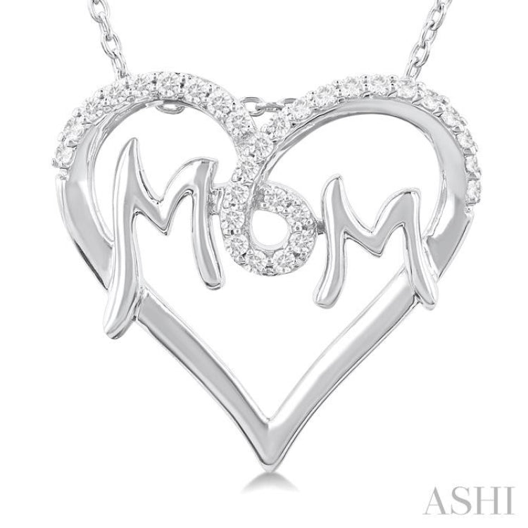 1/6 ctw 'MOM' Heart Frame Round Cut Diamond Fashion Pendant With Chain in 10K White Gold