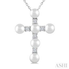 4 MM Cross Cultured Pearl and 1/6 Ctw Round Cut Diamond Fashion Pendant With Chain in 10K White Gold