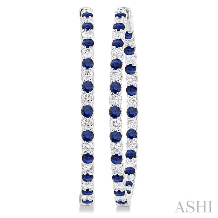 2.5MM Round Cut Sapphire and 2 1/2 ctw Round Cut Diamond Precious Inside-Out Alternating Hoop Earrings in 14K White Gold