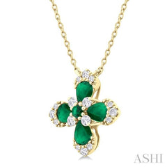 4X3MM Pear and 2MM Round Emerald and 1/6 ctw Round Cut Diamond Floral Blossom Precious Necklace in 14K Yellow Gold