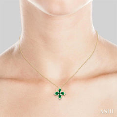 4X3MM Pear and 2MM Round Emerald and 1/6 ctw Round Cut Diamond Floral Blossom Precious Necklace in 14K Yellow Gold