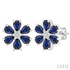 1/20 ctw Floral Blossom 4X3 MM Pear Cut Sapphire and Round Cut Diamond Precious Stud Earring in 14K White Gold