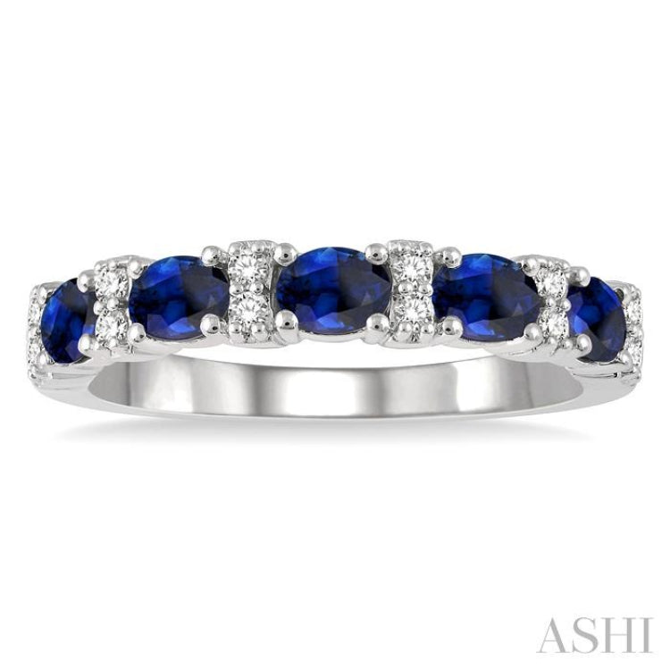 4x3 MM Oval Shape Sapphire and 1/6 Ctw Round Cut Diamond Precious Band in 14K White Gold