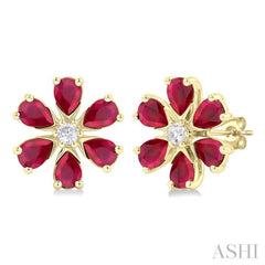 4X3 MM Floral Blossom Pear Cut Ruby and 1/10 Ctw Round Cut Diamond Precious Stud Earrings in 14K Yellow Gold