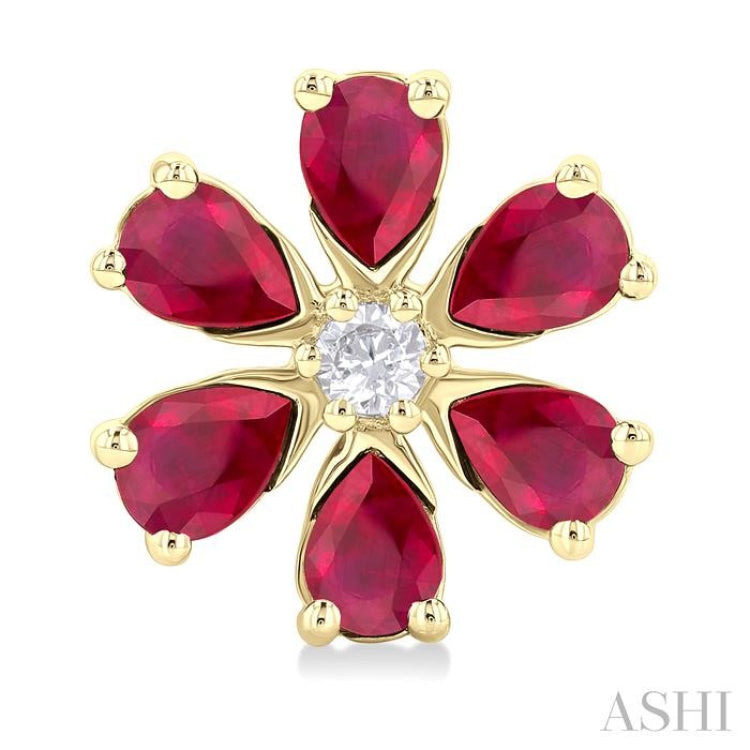 4X3 MM Floral Blossom Pear Cut Ruby and 1/10 Ctw Round Cut Diamond Precious Stud Earrings in 14K Yellow Gold