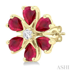 1/10 Ctw Floral Blossom 4X3 MM Pear Cut Ruby and Round Cut Diamond Precious Stud Earring in 14K Yellow Gold