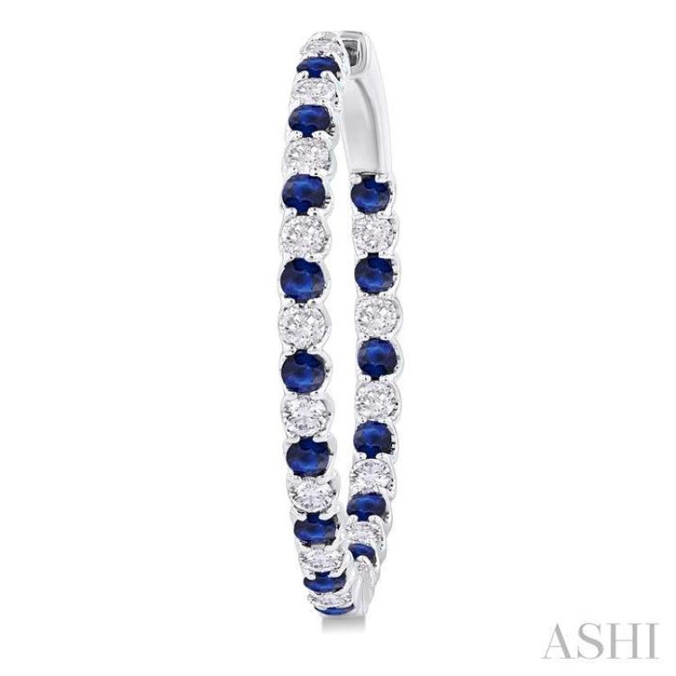 2.3 MM Round Sapphire and 1 1/2 Ctw Round Cut Diamond Inside & Outside Alternating Precious Hoop Earrings in 14K White Gold