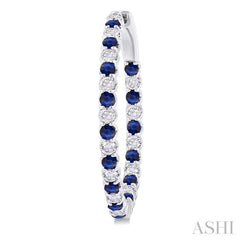 2.3 MM Round Sapphire and 1 1/2 Ctw Round Cut Diamond Inside & Outside Alternating Precious Hoop Earrings in 14K White Gold