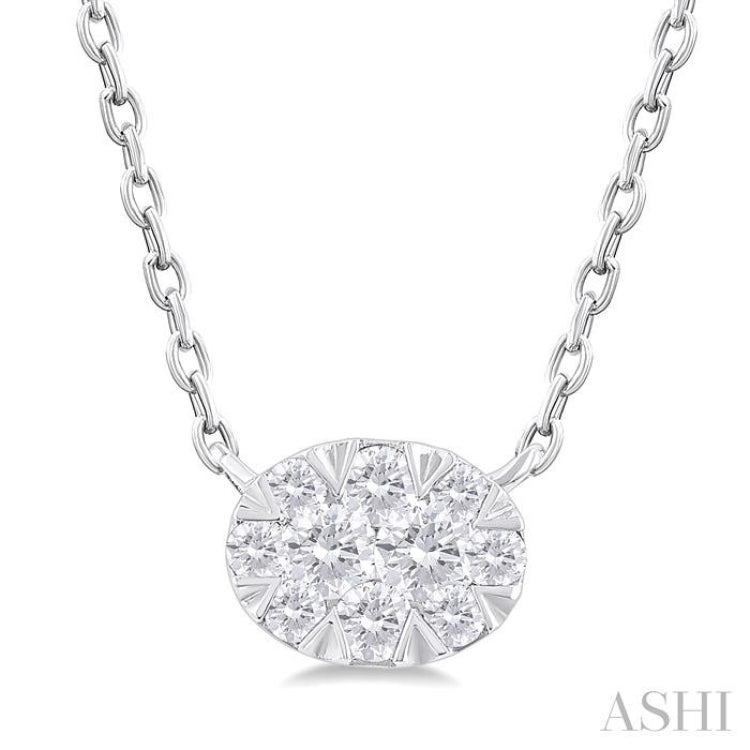 1/10 Ctw Lovebright Petite East-West Set Oval Shape Round Cut Diamond Fashion Pendant With Chain in 10K White Gold