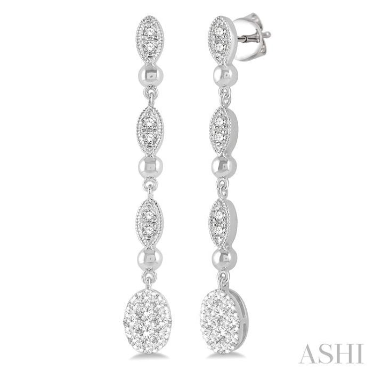 1/2 ctw Oval Lovebright and Marquise Motif Round Cut Diamond Fashion Long Earrings in 14K White Gold