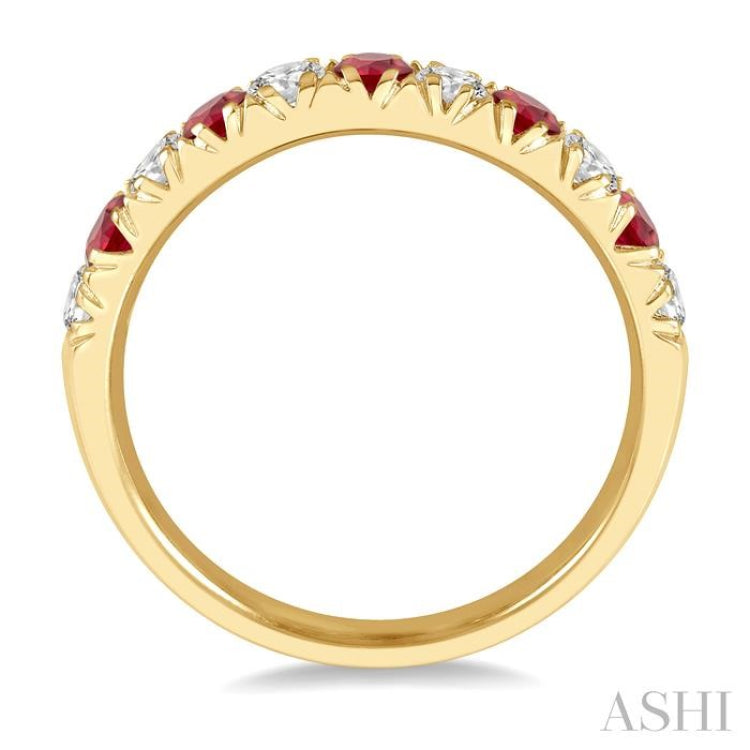 3/8 ctw Round Cut Diamond and 2.6MM Ruby Precious Wedding Band in 14K Yellow Gold