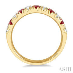 3/8 ctw Round Cut Diamond and 2.6MM Ruby Precious Wedding Band in 14K Yellow Gold