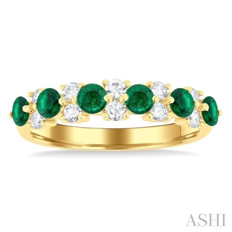 3 MM Emerald and 1/3 Ctw Round Cut Diamond Precious Band in 14K Yellow Gold