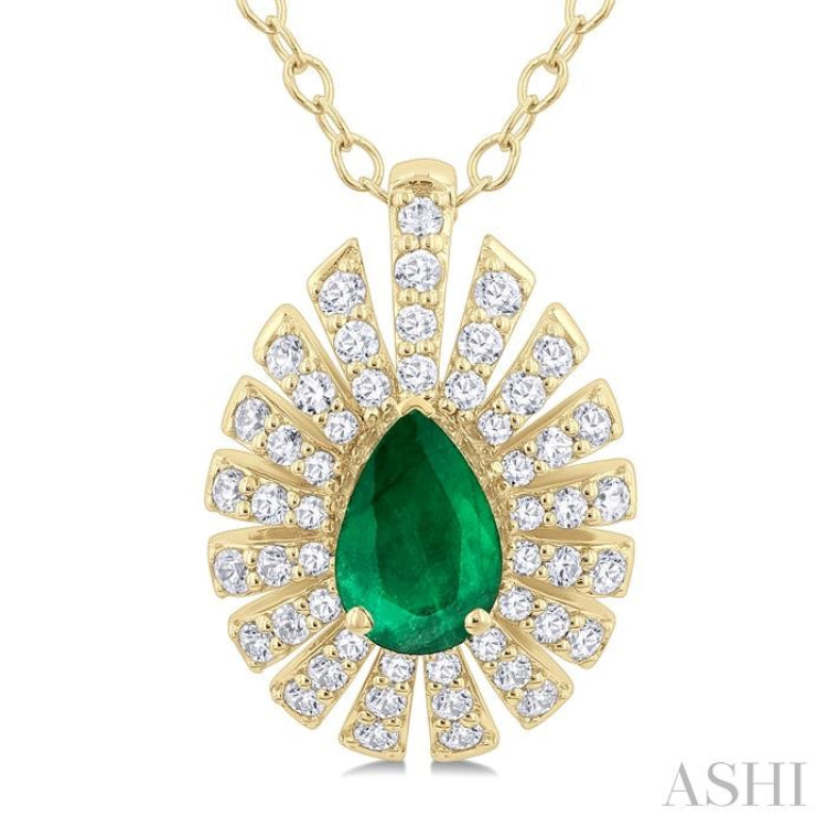 1/3 ctw Starburst 6X4MM Pear Cut Emerald and Round Cut Diamond Precious Pendant With Chain in 14K Yellow Gold