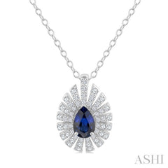 6X4 MM Pear Cut Sapphire and 1/3 Ctw Starburst Round Cut Diamond Precious Pendant With Chain in 14K White Gold