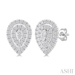 1/5 Ctw Double Halo Pear Shape Petite Round Cut Diamond Fashion Stud Earring in 10K White Gold