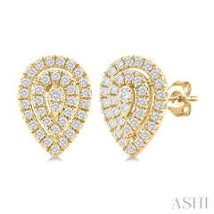 1/5 Ctw Double Halo Pear Shape Petite  Round Cut Diamond Fashion Stud Earring in 10K Yellow Gold