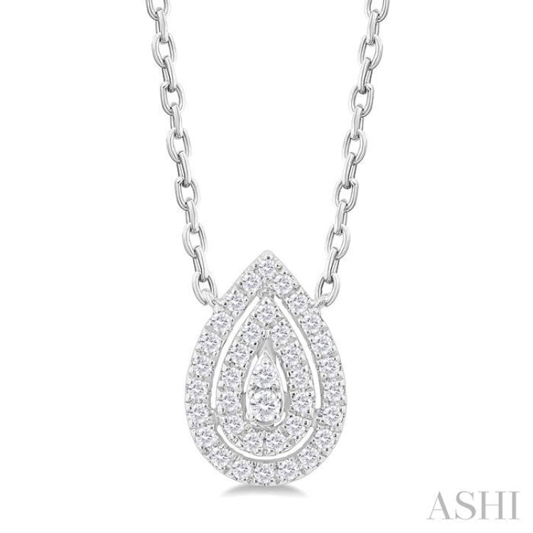 1/6 Ctw Double Halo Pear Shape Petite  Round Cut Diamond Fashion Pendant With Chain in 10K White Gold