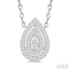 1/6 Ctw Double Halo Pear Shape Petite  Round Cut Diamond Fashion Pendant With Chain in 10K White Gold