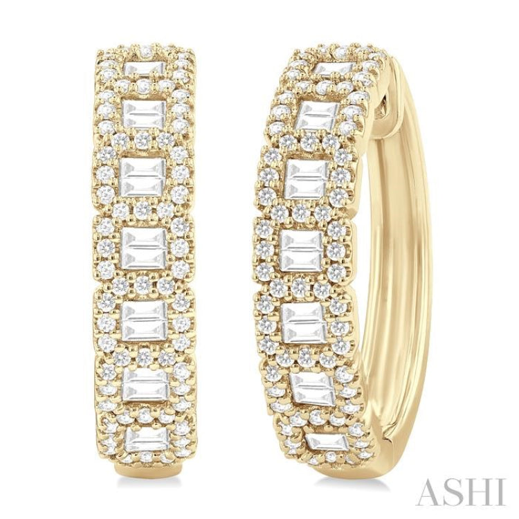 1 Ctw Fusion Baguette and Round Cut Diamond Fashion Hoop Earring in 14K Yellow Gold