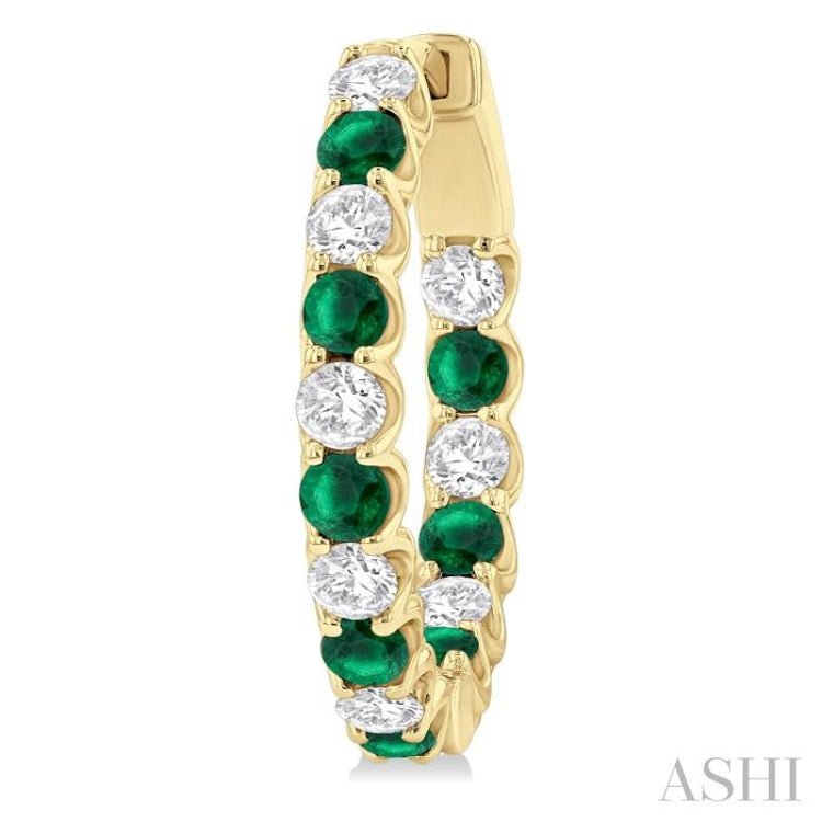 2.5 MM Emerald and 1 Ctw Round Cut Inside-Out Diamond Precious Hoop Earrings in 14K Yellow Gold