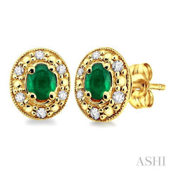 4x3 MM Oval Shaped Emerald and 1/10 Ctw Single Cut Diamond Earrings in 10K Yellow Gold