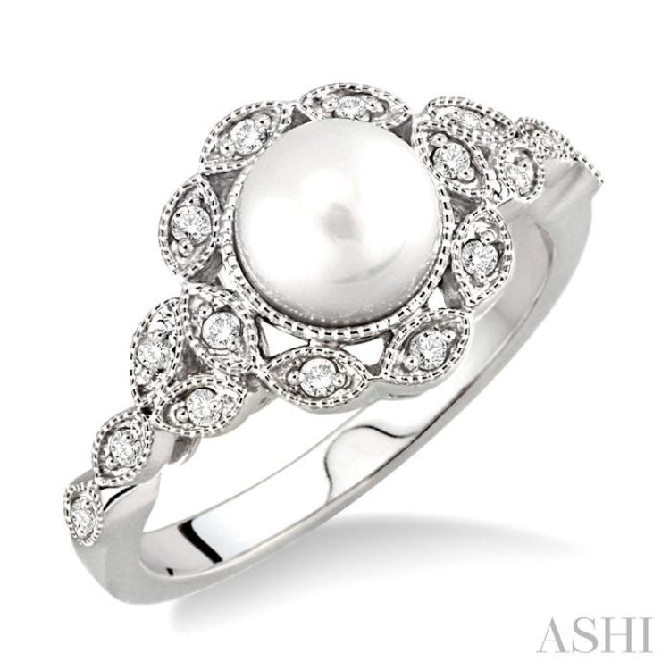 6.5 MM Cultured Pearl and 1/8 ctw Single Cut Diamond Ring in 14K White Gold
